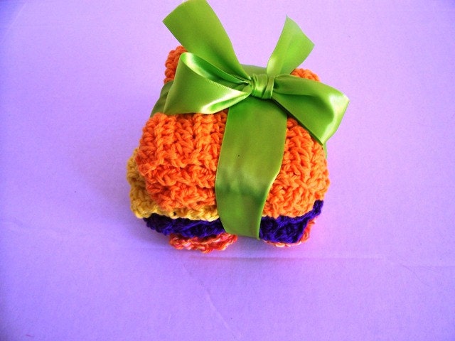 4 pack Dish Cloths Pretty Hand Crochet 100% Cotton Yarn