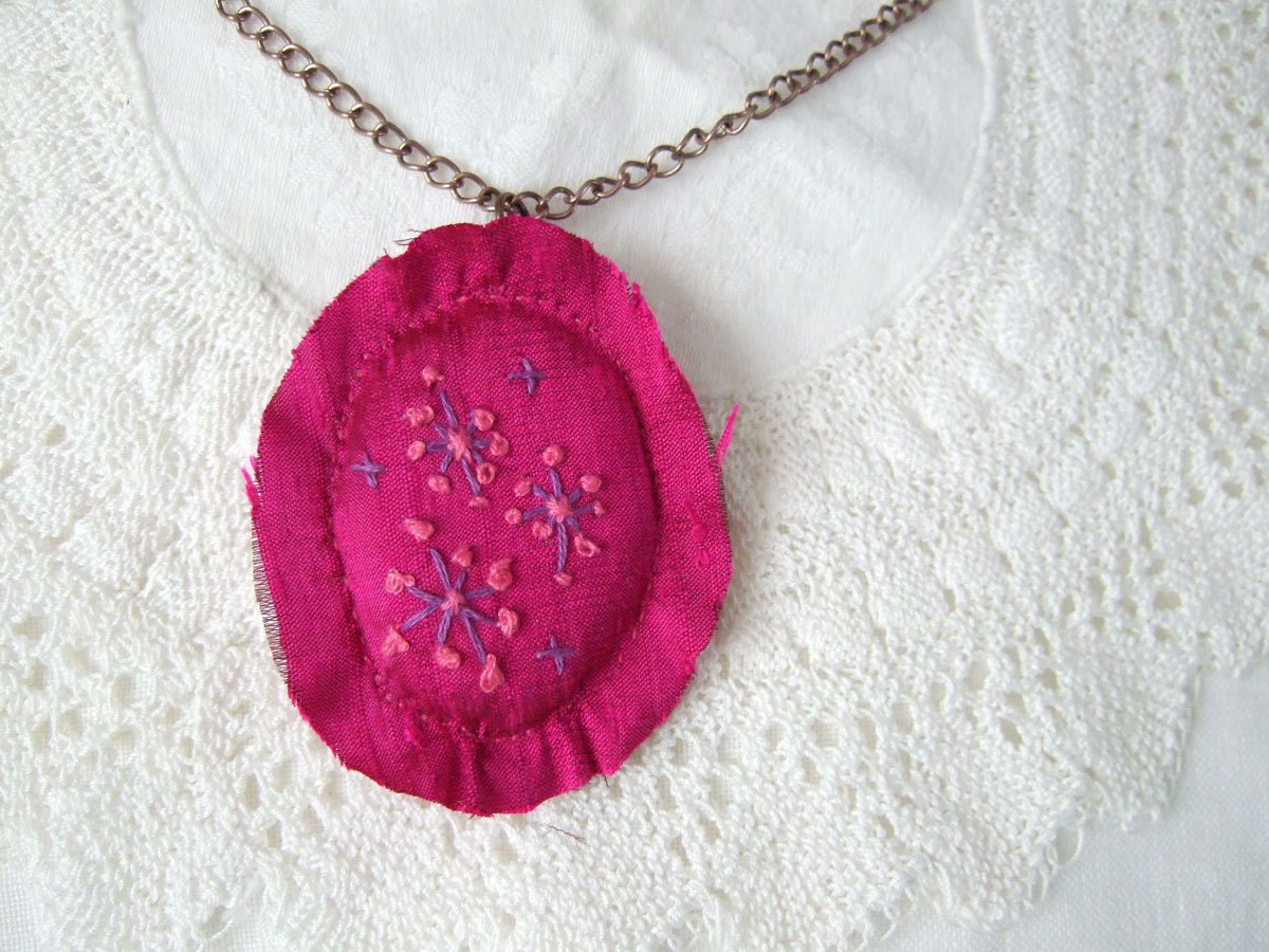 Pendant of Hand Embroidered Cerise Silk