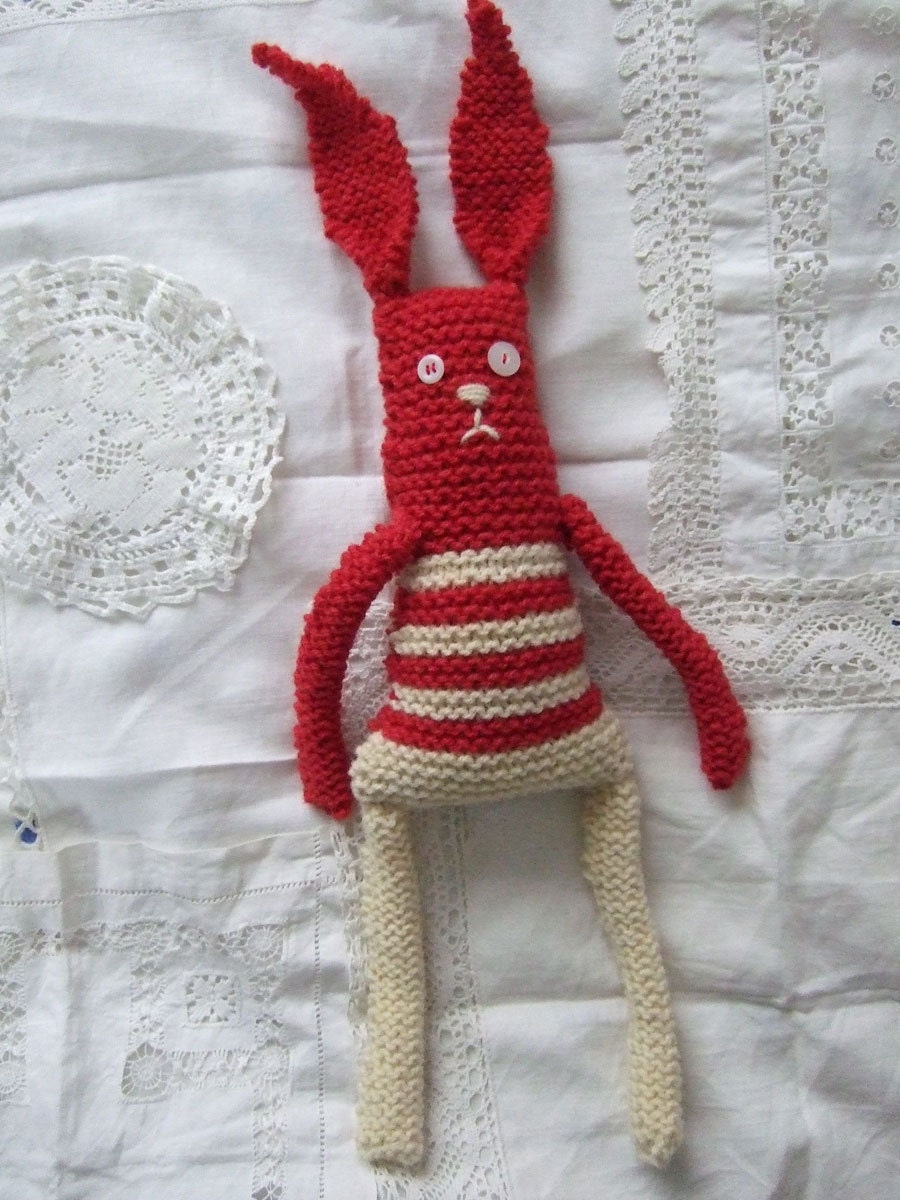 Knitted Rabbit - red and cream stripes