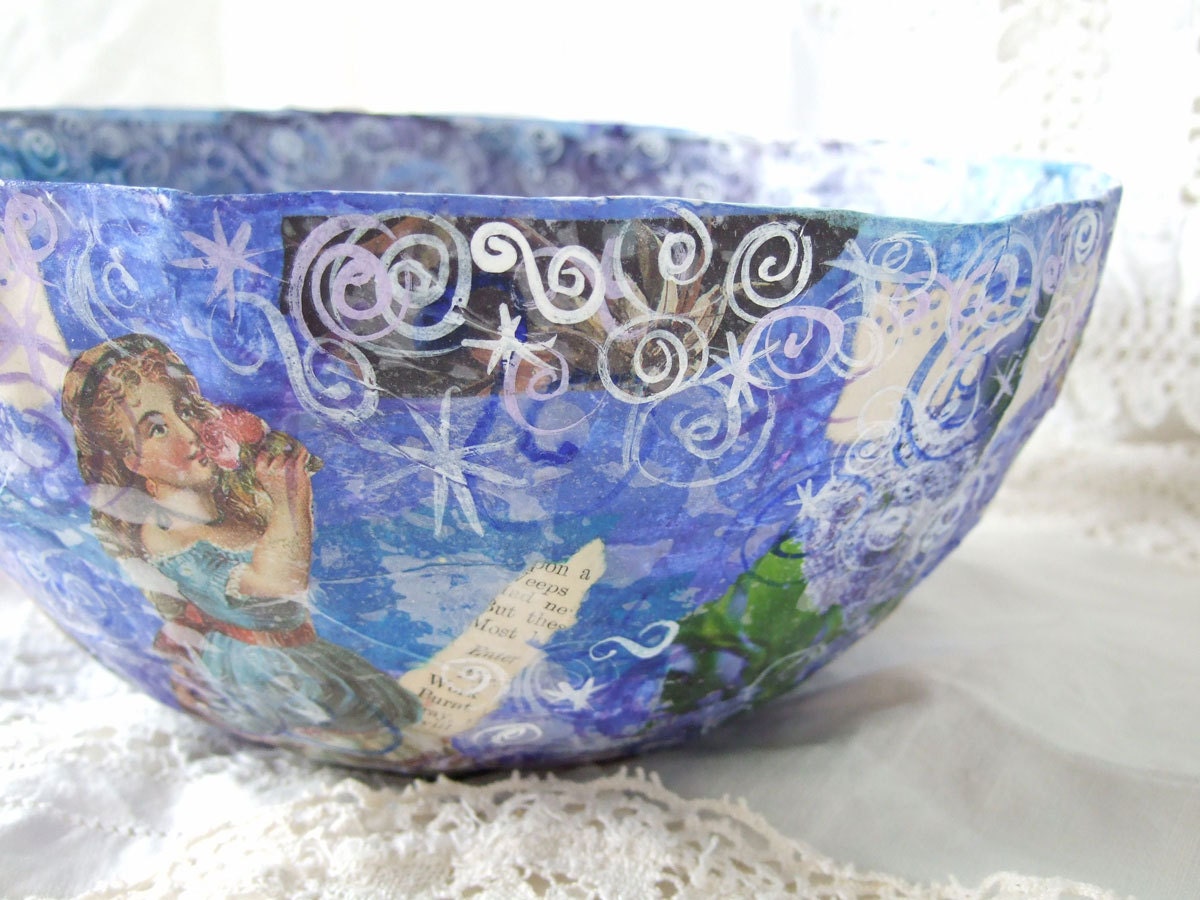Paper Mache Bowl - Blue with decoupaged and hand painted details
