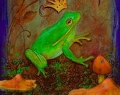 Prince - Greeting Card - Green Frog Mushrooms Crown - Enchanted Whimsical Fairytale - Kiss A Frog - Single Girl Humor - Blank
