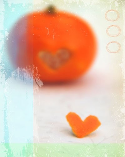 Clementine With Love - Fruit Photograph - Kichen Decor - Orange, Aqua, Turquoise, Heart, Love, Food, Foodie, Fun, Whimsical, Tangerine