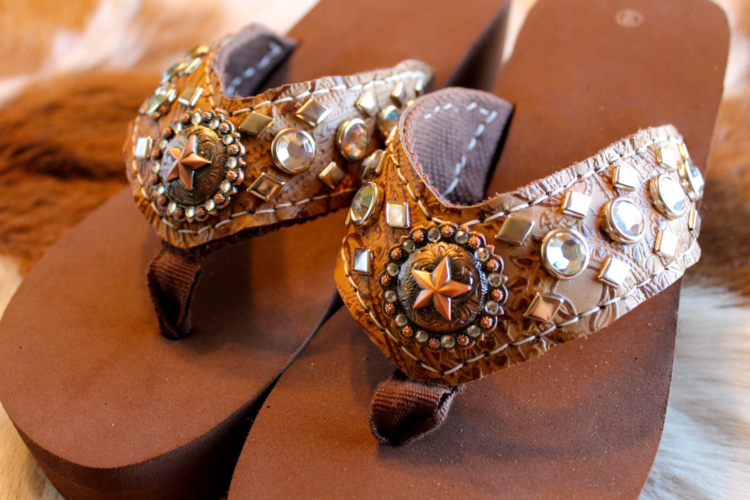 AMBER-STAR, Bling Copper Star Concho Flip Flops