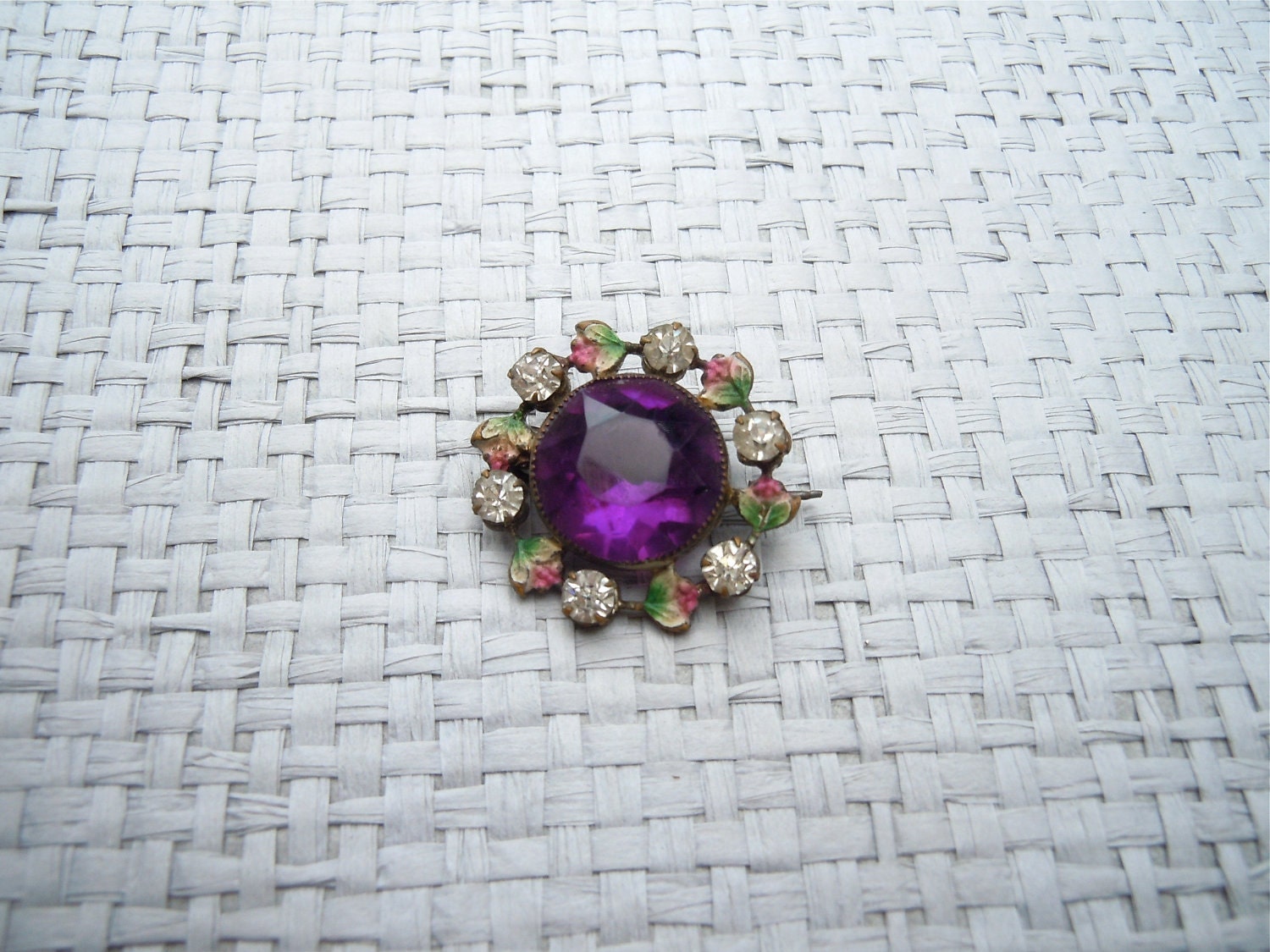 Edwardian Amethyst Pin, Enamel Rhinestones/ Glass Amethyst stone 1900's