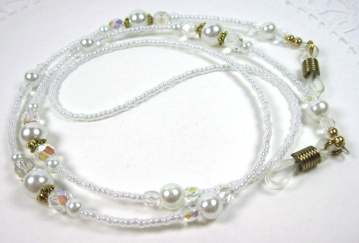 CRYSTAL/PEARL Eyeglass holder necklace - White/Clear/Gold beaded