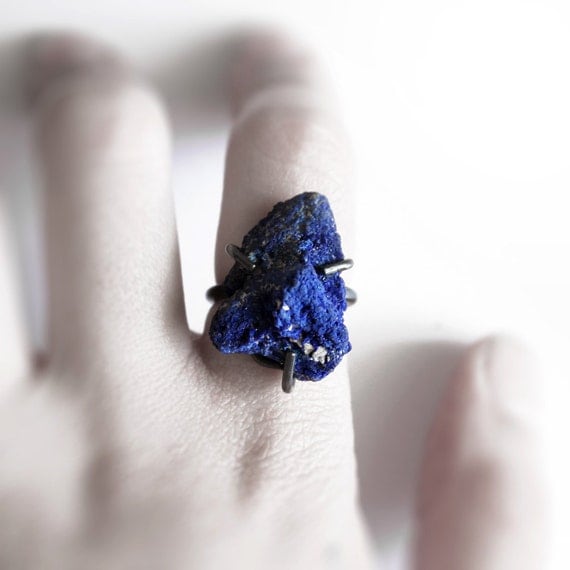 Deep . oxidized sterling silver deep blue azurite ring