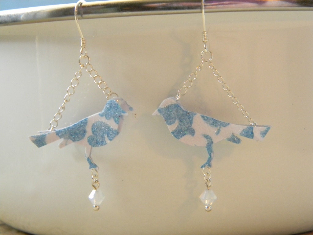 Blue Bird Earrings - Paper Bird Earrings Hanging From Chain - Glitter Blue and White Birds