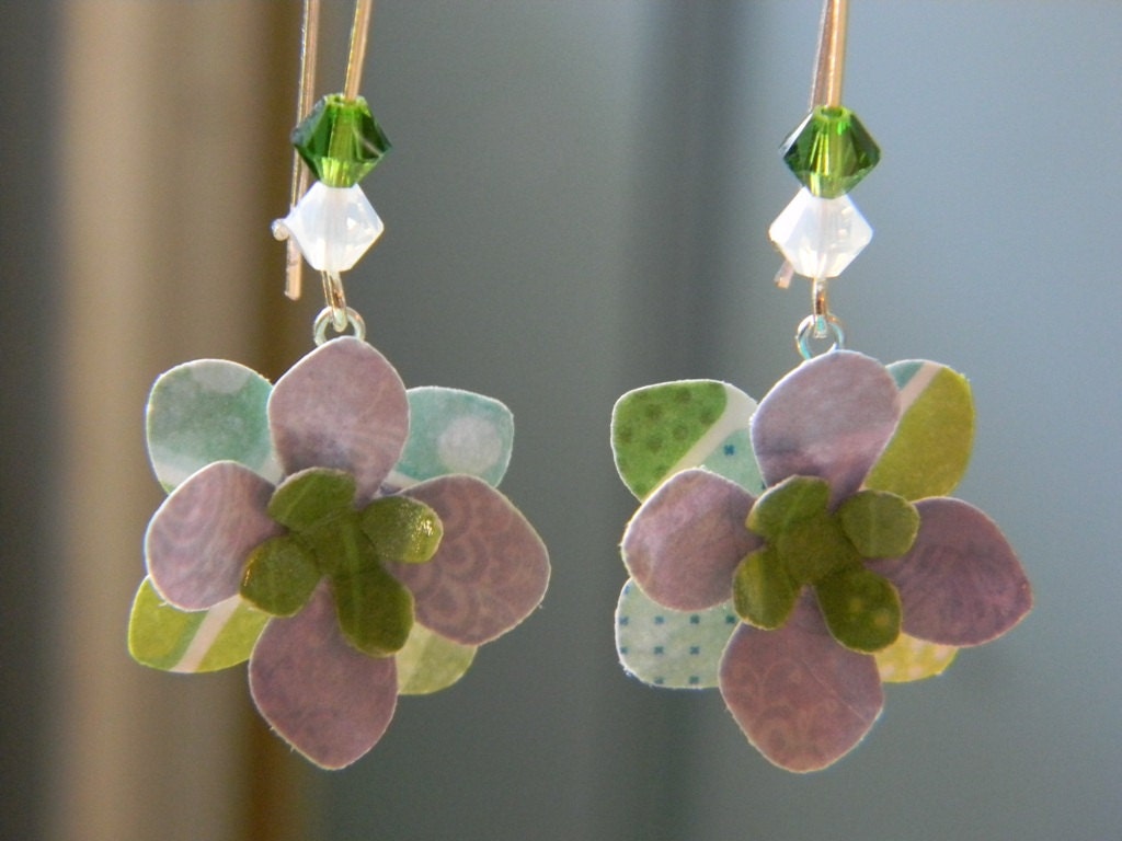 Flower Paper Earrings - Purple and Green Hydrangea Earrings on Kidney Wires With Crystals