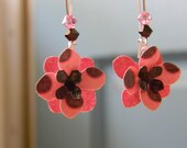 Paper Flower Earrings - Pink and Brown Hydrangea Earrings on Kidney Wires With Crystals