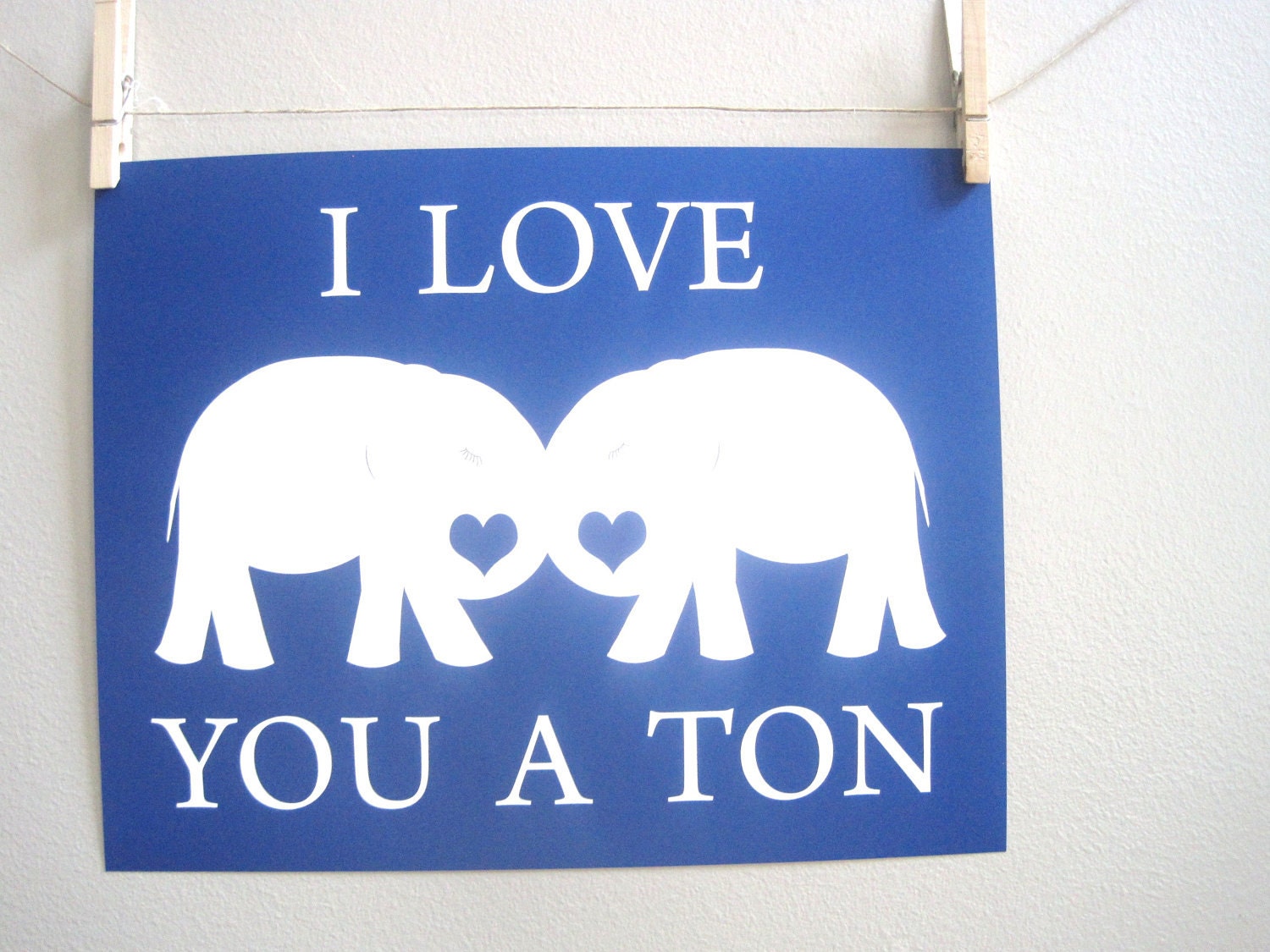 Kids Wall Art - Childrens Art Print Poster, 11x14, Elephant Print, I Love You A Ton, Deep Blue, Midnight
