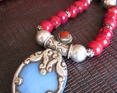 Tribal Red Coral and Moonstone Pendant Necklace