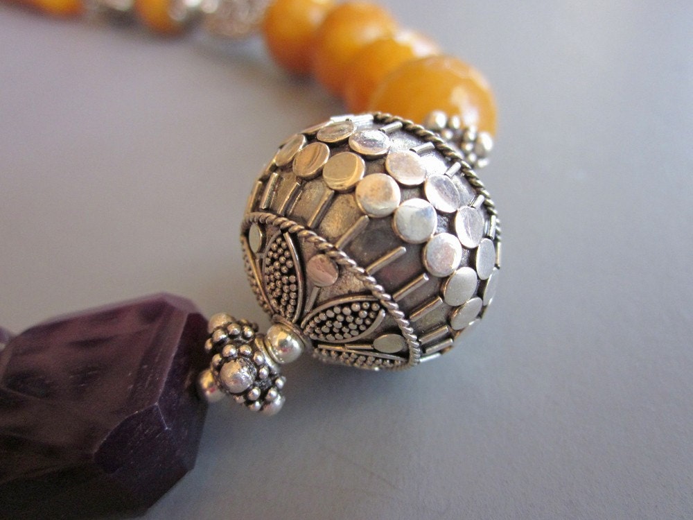 Purple Agate and Mustard Yellow Jade Necklace