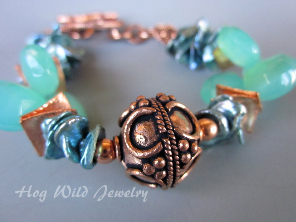 Aqua Chalcedony and Copper Focal Bead Bracelet