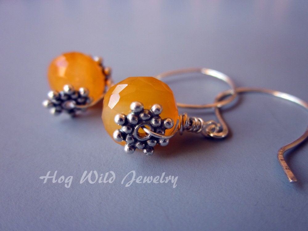 Orange Chalcedony Sterling Silver Wrapped Dangle Earrings