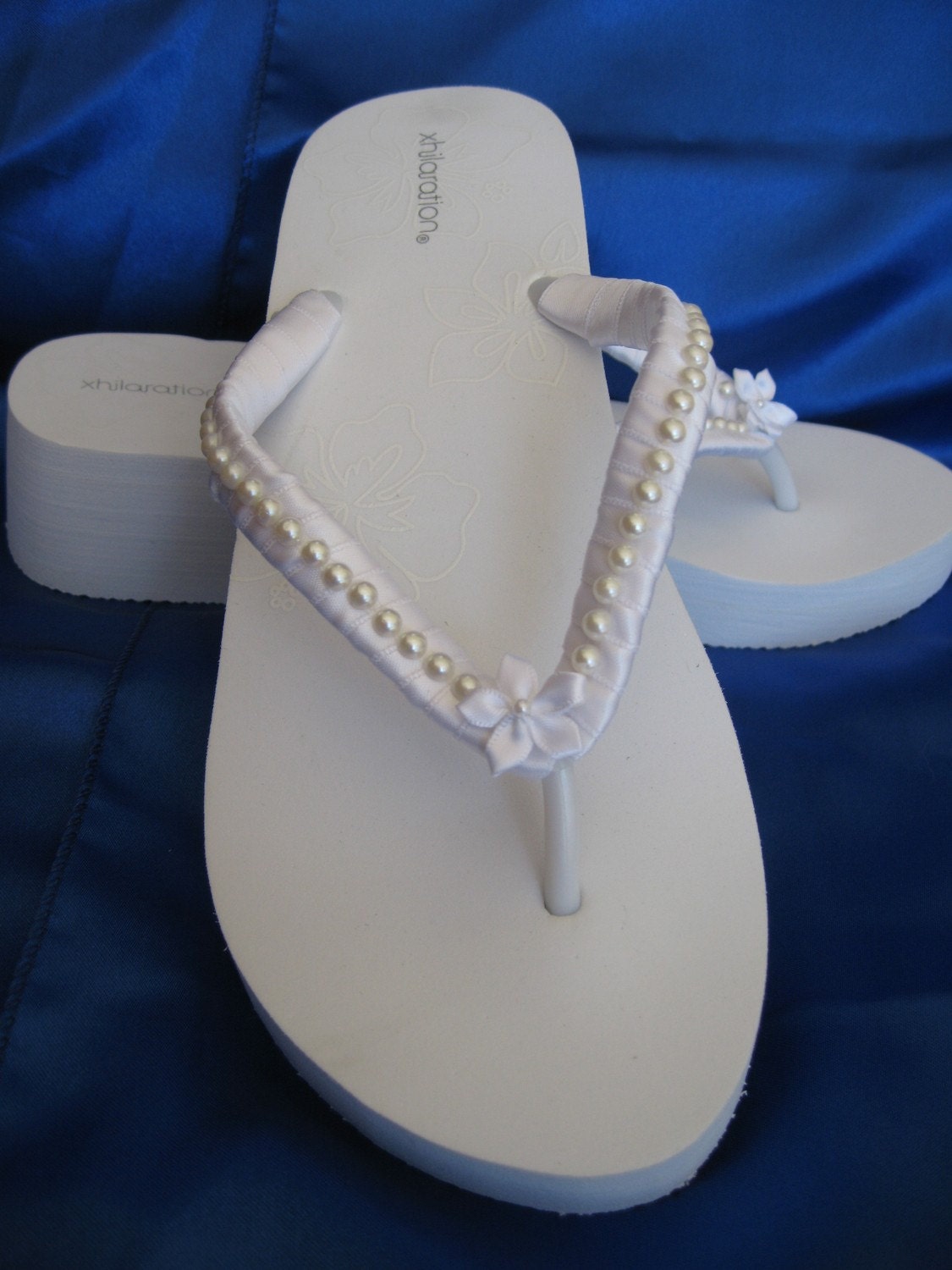 Bridal White Wedge Flip Flops Pearl and Flower Design White Wedge Flip Flop
