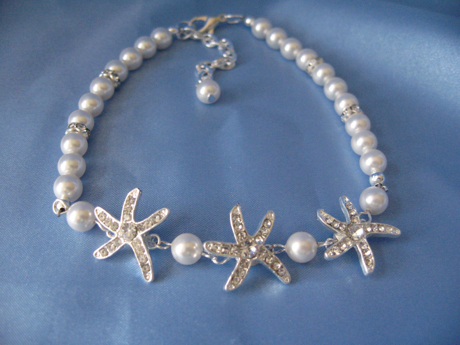 Crystal Rhinestone Starfish Bridal Pearl Bracelet with Swarvoski Pearls for Beach Brides and Destination Weddings