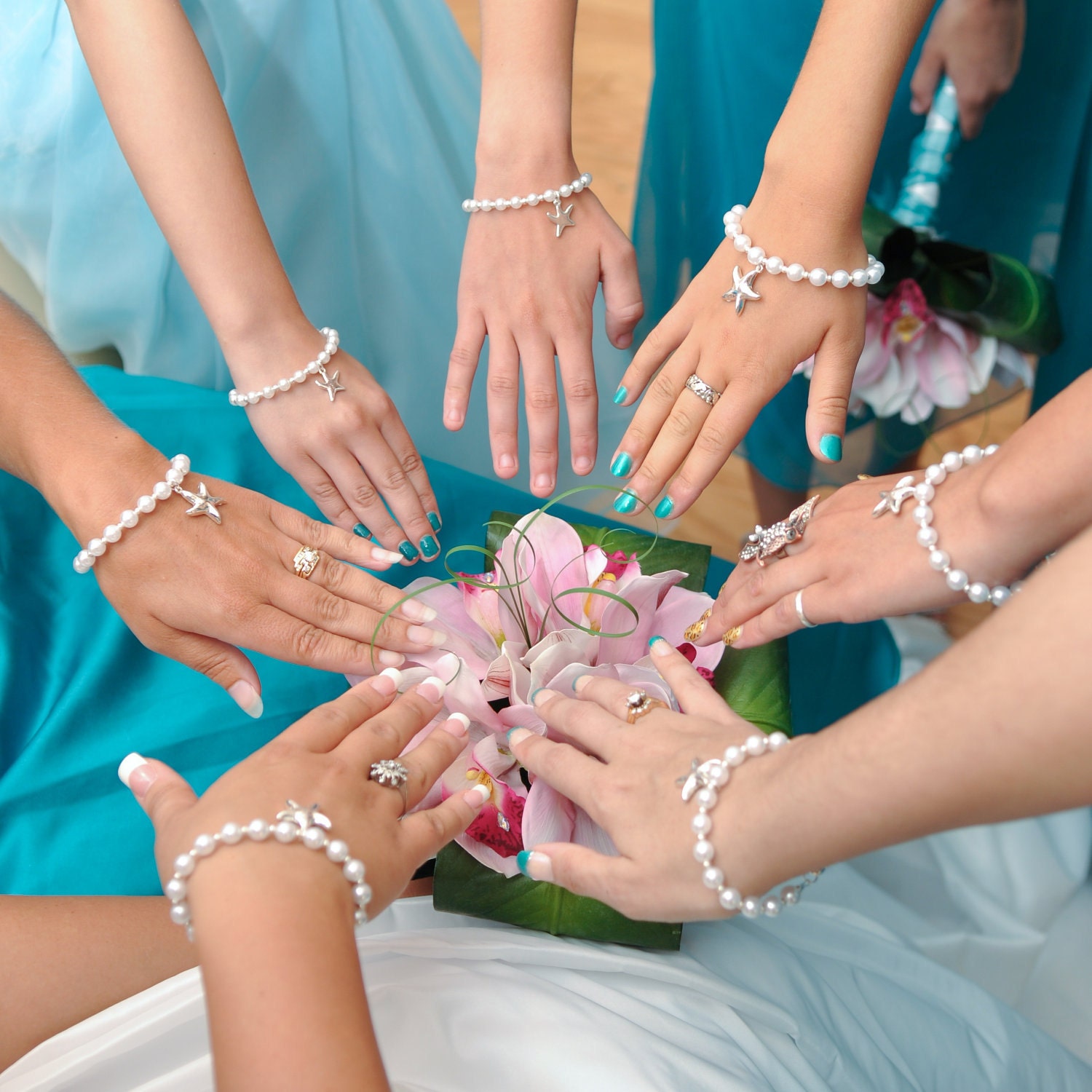 Pearl Bracelet with Silver Starfish Charm for the Bride and her Bridesmaids