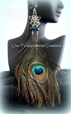 Divalicious Angel Peacock Feather Earrings