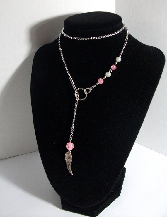 Pearl and Wing Charm Lariat Necklace