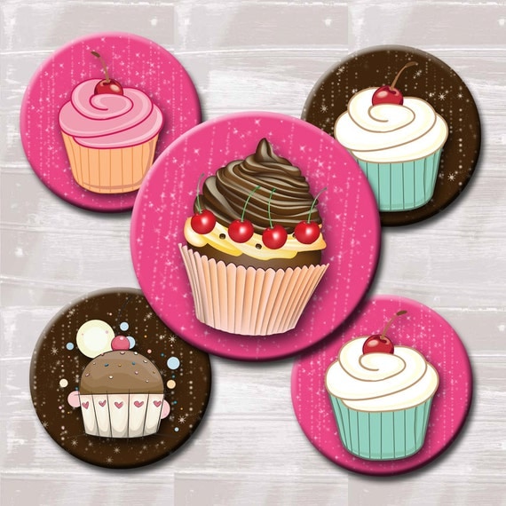 Pink & Brown Sparkle Cupcakes - 2 inch Circles Printable Digital Collage Sheet - Buy 3 Get 1 Free