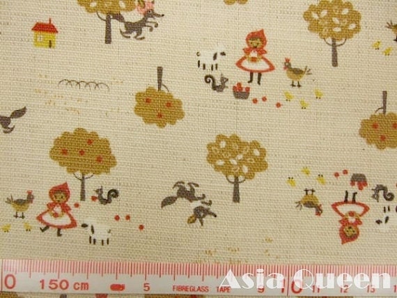Little red riding hood and lovely animals -  brown tree - 1 yard - cotton linen