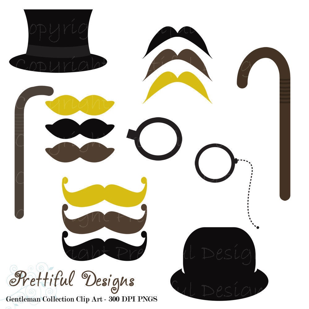 Clip Art Mustache Top Hat Monocle and Cane Clip Art Gentleman Clipart (249) Il_570xn