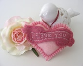 Embroidered Felt Pink Heart Ornament - I Love You