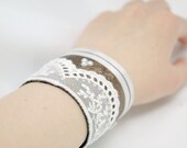 Copper Brown Leather Lace Romantic Cuff Bracelet with Pearls - Myvera