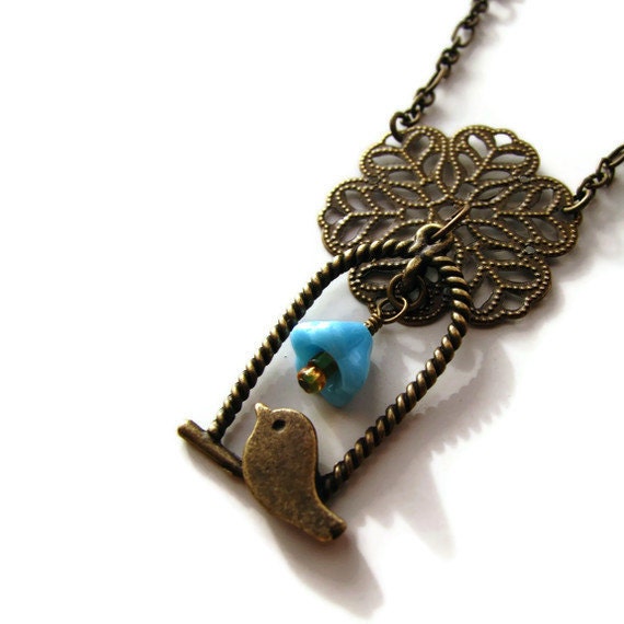 Brass Bird and Blue Flower Necklace with Copper Bird Cage - Tweet Tweet Little Birdie