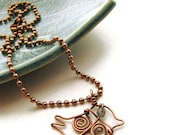 Wire Bird Necklace with Czech Glass and Antique Copper -Swirly Birdie - heversonart
