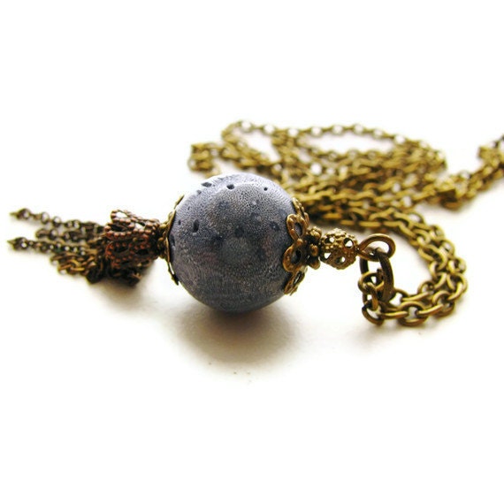 Blue Coral Tassel Brass Necklace in Vintage Style - Cobalt Coral - heversonart