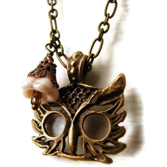 Steampunk Owl Necklace with Czech Flower Vintage Style Antique Brass -Hoot Hoot Owl - heversonart