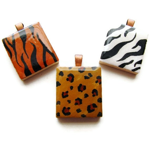 Animal Print Necklace Hand Painted Scrabble Tile in Zebra Leopard or Tiger-Wild Side - heversonart