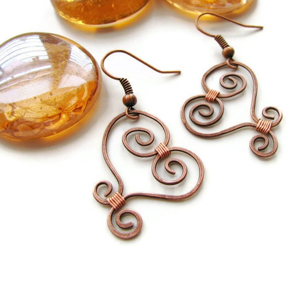 Rustic Wire Heart Earrings, Copper Wire Wrapped -Swirly Heart - heversonart