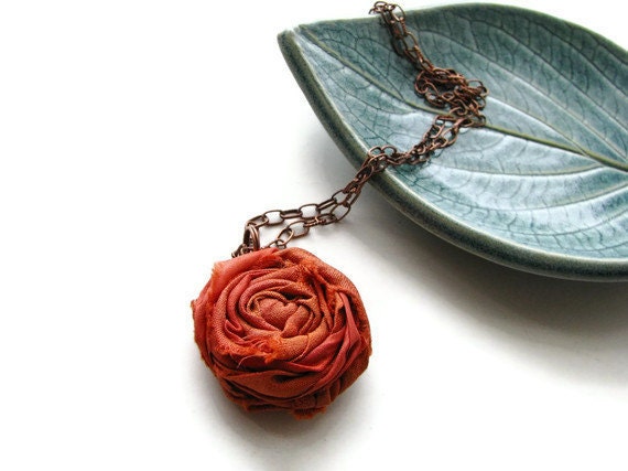 Single Silk Rosette Necklace in Orange and Copper Chain, Shabby Chic - Romantic Rosette - heversonart