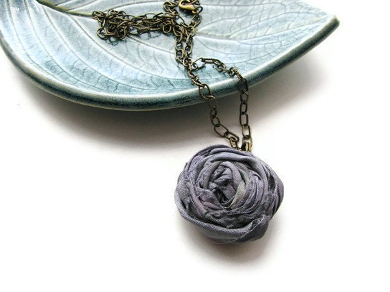 Single Silk Rosette Necklace in Iris Grey and Antique Brass Chain, Shabby Chic - Romantic Rosette - heversonart