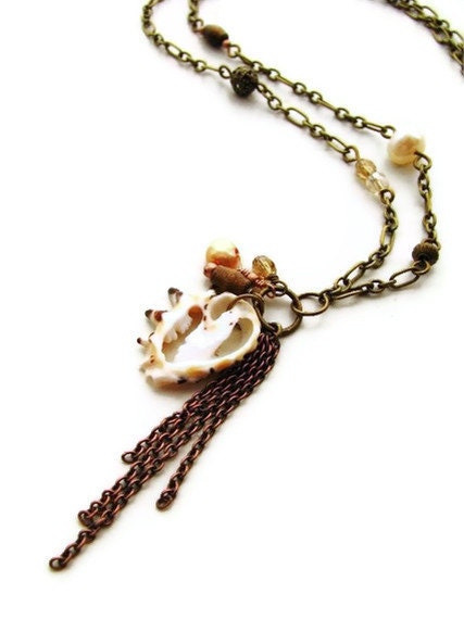 Romantic Shell Necklace with Pearl, Czech Glass and Brass -Ocean Treasures - heversonart