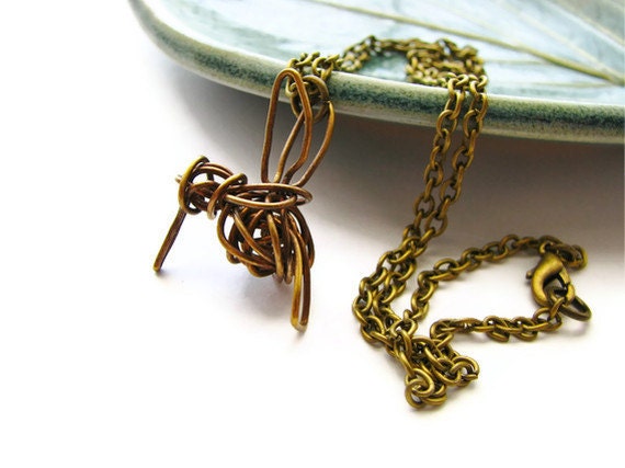 Brass Hummingbird Necklace Abstract Wire Wrapped - heversonart