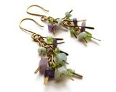 Gemstone Cascading Brass Earrings in Rustic Style with Amethyst, Peridot, and Amazonite - Iris Bloom - heversonart