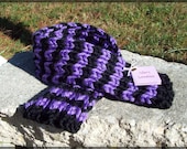 Black & Purple Short Stripy Scarf - Hand Knit - Ready to Ship