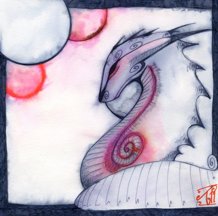 Original Ink Watercolour Painting - Her Majesty - Royal Dragon - Blue Purple Red - Fantasy Art