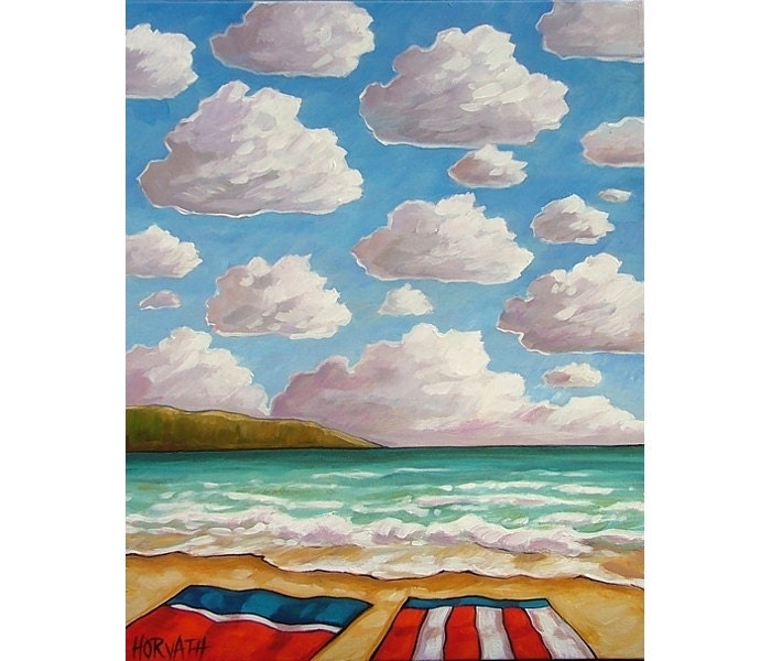 ORIGINAL PAINTING Folk Art Summer Beach Towel Windy Waves Modern Cloud Seascape Colorful Abstract Artwork by Cathy Horvath Buchanan 16x20