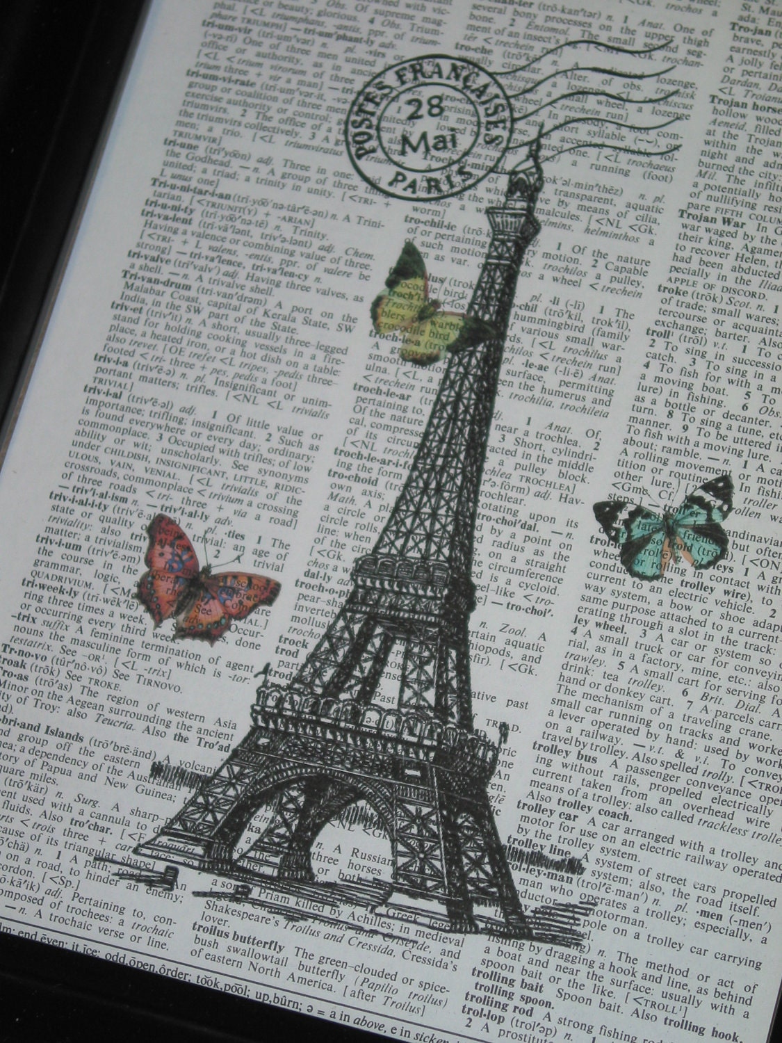 French Art Print Paris and Butterflies Upcycled Dictionary Art Print Eiffel Tower and Butterflies on Vintage Dictionary Book Page
