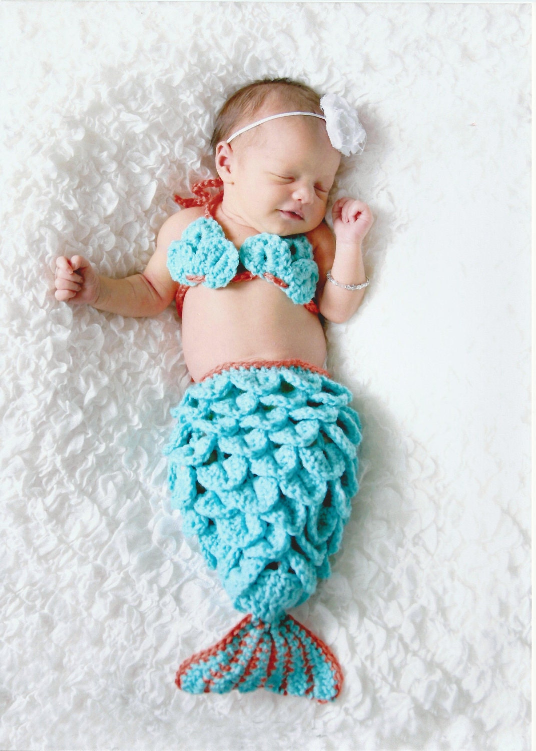 Newborn Crochet Mermaid Tail and Shell Top - Aqua With a Coral Accent - Made to Order - Photography Prop