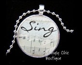 Beautiful Sing Sheet Music Silver Round Pendant Necklace (260) with Glass For the Music Lover Inspired from Glass Tile Scrabble tile jewelry