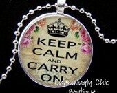 Vintage Inspired Floral Victorian Keep Calm and Carry On (165) Beige with Pink Roses Necklace Round Silver Domed Glass Tile Charm Pendant scrabble tile