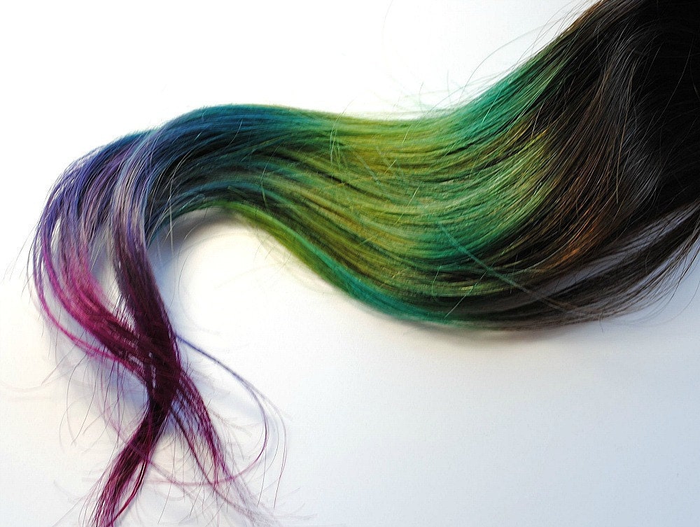 RESERVED Peacock - Human Hair Extensions - Dip Dyed Tips / Tie Dyed Clip Ins // Brown Blue Green Purple Pink / Rainbow Ombre