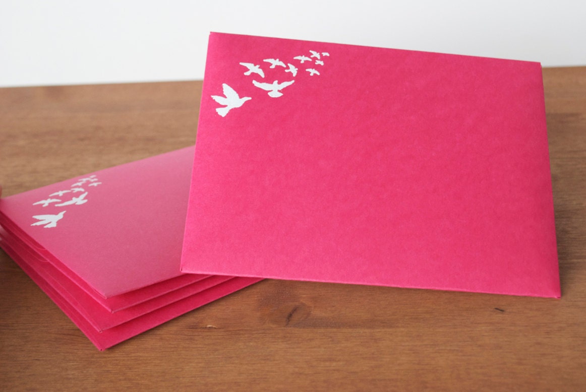 pink envelopes set of five: flying birds