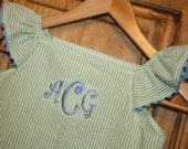 Green seersucker dress with blue ric rac and monogram