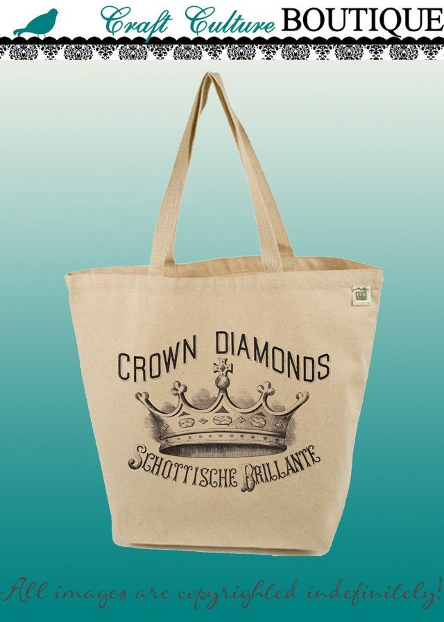 Canvas Tote Bag-Large Carry All Recycled Organic Tote- Crown Diamonds-Vintage Ad